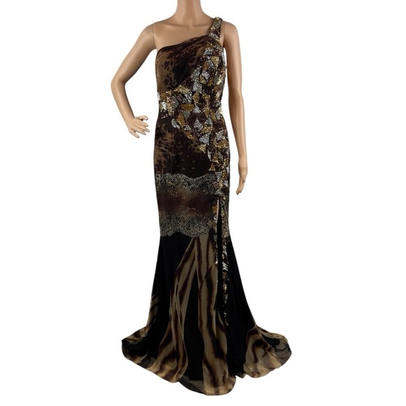 Cassandra Stone by Mac Duggal One Shoulder Gown 6 Animal Print Sequin Beaded - Picture 2 of 12